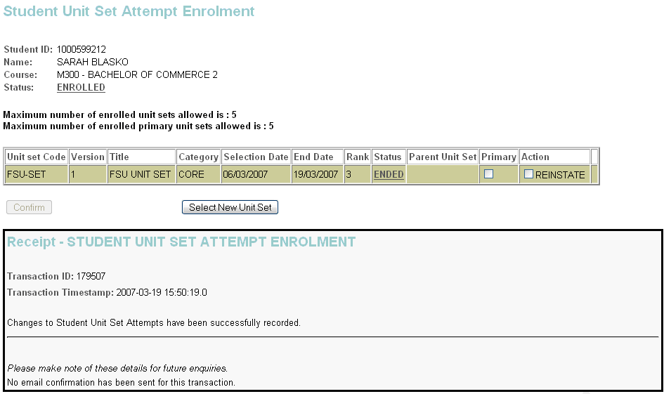 receipt on SUSA-ENR page