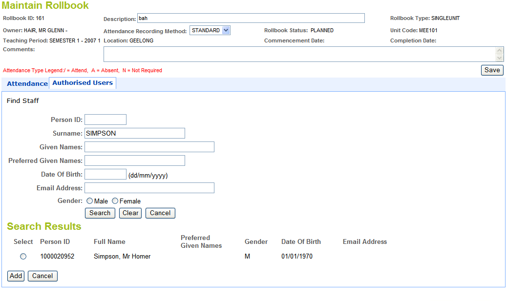 add/maintain activities screen