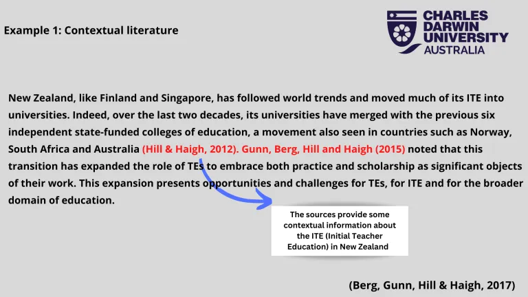 Example 1: Contextual literature New Zealand, like Finland and Singapore, has followed world trends and moved much of its ITE into universities. Indeed, over the last two decades, its universities have merged with the previous six independent state-funded colleges of education, a movement also seen in countries such as Norway, South Africa and Australia (Hill & Haigh, 2012). Gunn, Berg, Hill and Haigh (2015) noted that this transition has expanded the role of TEs to embrace both practice and scholarship as