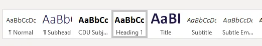 This is an image of the style functions in MS word. the extract shows the titles, headings and subheadings options.
