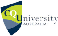 CQ University logo. Approximately shield shaped pattern on left, with dark blue, green, light blue, and dark blue curved layers. CQ University partly over pattern and partly standing alone its right.