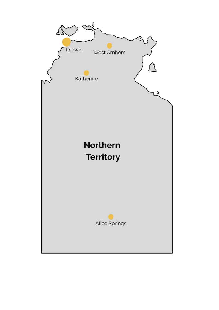 NT map showing the various Health Hub operations locations at Darwin, West Arnhem, Katherine and Alice Springs.
