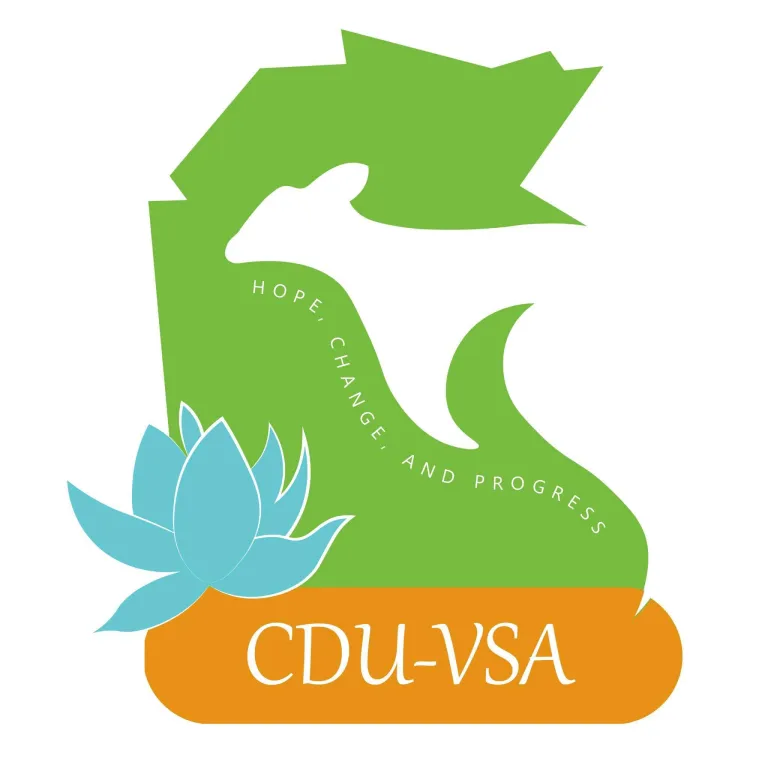 A minimal green logo featuring the silhouette of the map of Vietnam, with a blue lotus flower placed in the lower right corner.