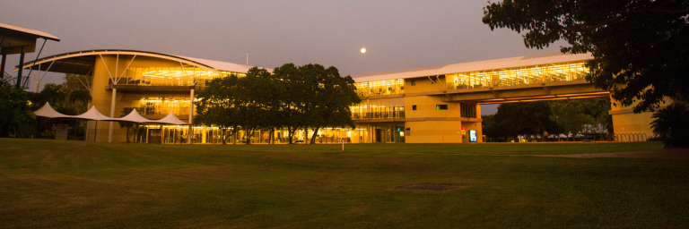 external view of Library building at sunset