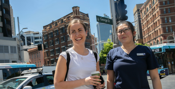 Two CDU nursing students near CDU Sydney campus on George St