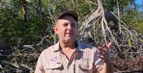 Dr Ben Brown standing in water with mangrove trees behind