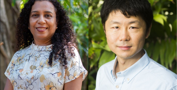 Composite image of Dr Vinuthaa Murthy and Dr Hao Wang, head and shoulders, with green leafy backgrounds