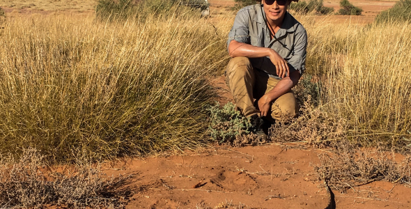 Dr Nicholas Wu, wearing a hat and sunglasses, crouching near some clumps of grass, with a large lizaard on bare soil in the foreground