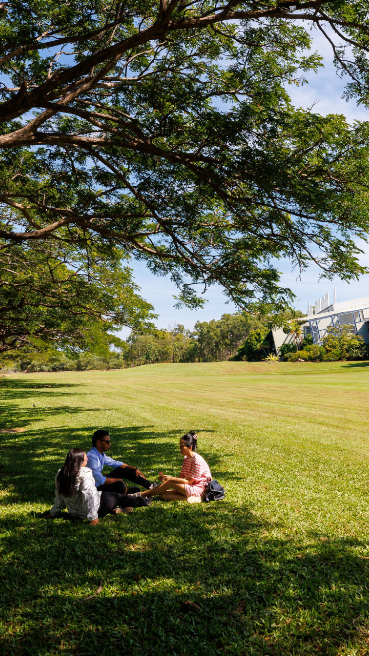 large expanse of grass lawn with buildings on far side, three people sitting on grass in shade of large trees; more buildings visible behind trees