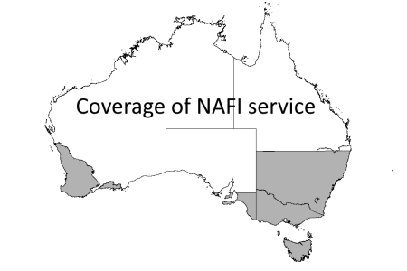 Map of Australia showing area of coverage of NAFI basic service - which is approximately everywhere except NSW, Victoria, Tasmania, and the southeast of South Australia and the southwest of Western Australia