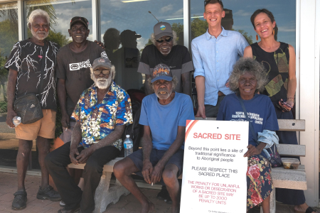 Douglas Djalanba, Charles Yirrwala, Samuel Gulwa, Sam Williams, Jackie Gould, Henry Imberamana, Jack Marilain and Molly Yarrngu after the site registration meeting. Picture: David Mason