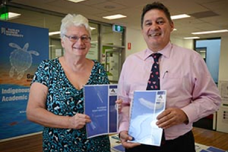 The ACIKE Academic Essay Writing Resource aims to assist Indigenous students. From left: ACIKE Staff Development Officer Lesley MacGibbon and Pro Vice-Chancellor Indigenous Leadership Professor Steven Larkin