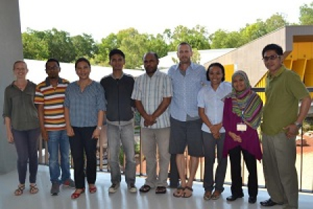 From left: CDU PhD candidate Hannah Ling, workshop facilitator Bernadetta Devi and CDU project leader Rohan Fisher (centre) with the Indonesian Workplace Study Tour participants