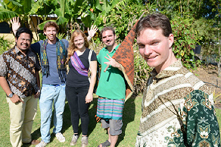 Ten Indonesian Studies students are excited to test their language skills on a trip to Kupang, Indonesia. From left: Indonesian Studies Assistant Lecturer Rachmat Hidayat with students, Sally Swinnen, James Turner and Brad Parker, and Indonesian Studies Lecturer Nathan Franklin