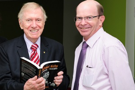 From left: The Honourable Michael Kirby AC CMG met Vice-Chancellor Professor Simon Maddocks while visiting Casuarina campus last year