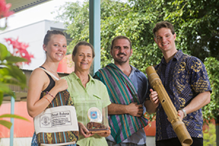 Indonesian language students, Rebecca Lambert (left), Claudia Hudson and Brad Parker with Indonesian lecturer Nathan Franklin