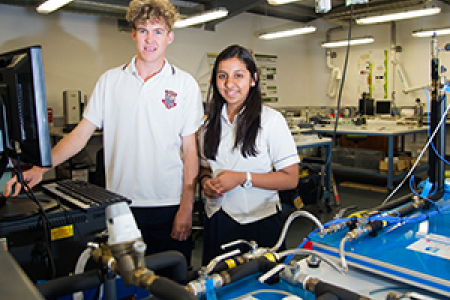 St Philip’s College students River Pachulicz (left) and Mitali Rawat at Year 11 Science Excellence Experience