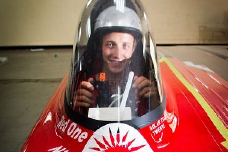 The car’s cockpit can heat up to 50 degrees. Pictured: Solar Team Twente electrical engineer Wouter Put