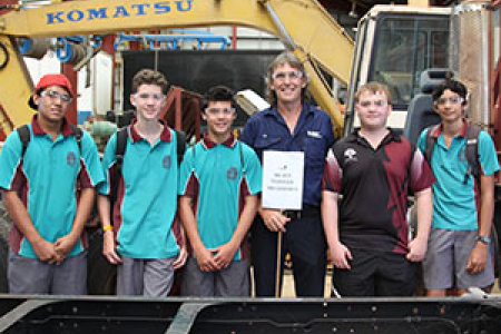 High school students learn VET skills at Try’a Skill NT on Casuarina campus. From left: O'Loughlin Catholic College students, Bodeen Wilson, Anthony Hill and Sean Ruger; CDU Heavy Vehicle Trainer Dan Thomas; Taminmin College student Rowan Poscado; O'Loughlin Catholic College student Lachlan Matthews