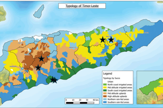 Map of Timor-Leste showing agricultural areas colour-coded by type, with stars showing the locations of the communities participating in the study