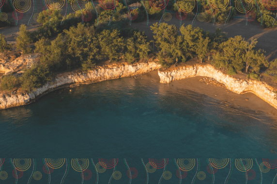 Aerial image of East Point Reserve with First Nations decal overlayed