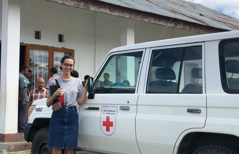 CDU student Stephanie von Kanel standing in front of a Red Cross van