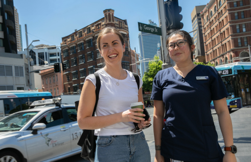 Two CDU nursing students near CDU Sydney campus on George St