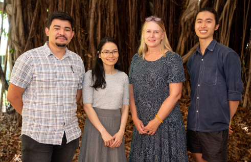 Charles Darwin University (CDU) engineering students Napoleao Da Silva (left) and Trang Nguyen participate in the social innovation challenge with support from professionals like Lecturer Dr Ulrike Kachel and Student Council Sustainability Officer Jens Cheung (right). 