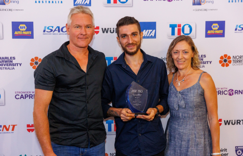 Charles Darwin University (CDU) automotive student Panormitis Ampelas (pictured with employers Danny and Jane Maxwell) received Apprentice of the Year at the TIO Automotive Apprentice Awards on Friday, November 25 last year.