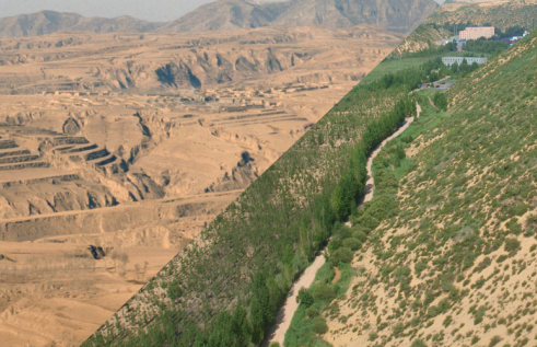 Before and after images of the Loess plateau - one side dry dusty and one side lunch green revegetated hills 