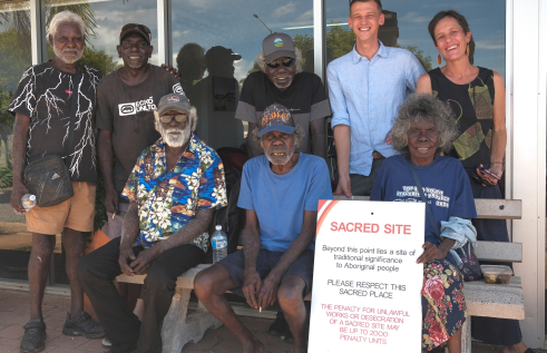 Douglas Djalanba, Charles Yirrwala, Samuel Gulwa, Sam Williams, Jackie Gould, Henry Imberamana, Jack Marilain and Molly Yarrngu after the site registration meeting. Picture: David Mason