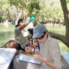 Dr Miriam Kaestli and DENR’s Mr Matthew Majid taking water samples in Darwin Harbour. 