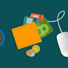 Illustration showing a money, wallet, coffee and mouse on table