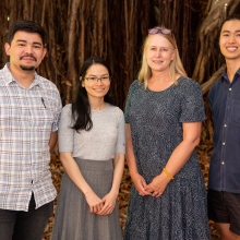 Charles Darwin University (CDU) engineering students Napoleao Da Silva (left) and Trang Nguyen participate in the social innovation challenge with support from professionals like Lecturer Dr Ulrike Kachel and Student Council Sustainability Officer Jens Cheung (right). 