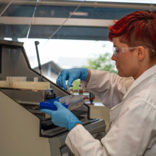 Dr Alea Rose in a laboratory, holding a test tube and a blue rack of test tubes