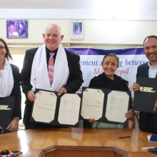 Left to right: Charles Darwin University (CDU) Executive Officer Rebecca Marrone, CDU Vice-Chancellor Professor Scott Bowman, Maiti Nepal Chairperson and Founder Anuradha Koirala and Maiti Nepal Director Bishwo Ram Khadka.