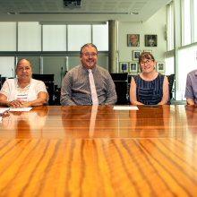 A new MoU between Charles Darwin University (CDU) and the Remote Indigenous Parents Australia National Indigenous Corporation (RIPA) has been signed. Pictured L-R: CDU’s Professor Ruth Wallace, RIPA member Noele Anderson, CDU’s Reuben Bolt, CDU’s Northern Institute researcher Michaela Spencer and RIPA member Bjorn Christie-Johnston. 