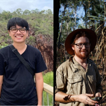 Composite image of Angga Rachmansah with rocky forest in background and Alex Carey with pandanus and trees in background