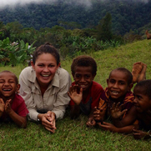 Indigenous youth leader Joelene Puntoriero donates educational materials to an orphanage near the Kokoda Track in Papua New Guinea