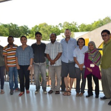 From left: CDU PhD candidate Hannah Ling, workshop facilitator Bernadetta Devi and CDU project leader Rohan Fisher (centre) with the Indonesian Workplace Study Tour participants