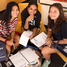 From left – Katherine High School’s Rias Alviani, Centralian Senior College’s Alyssa Mason and Tennant Creek High School’s Mya Bond visited CDU recently.