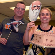 Kelly McCarthy and Teresa Schwellnus were among CDU staff to celebrate Charles Darwin’s birthday on Alice Springs campus
