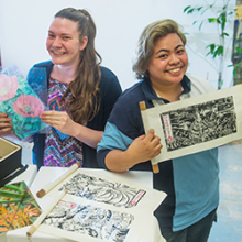 Visual arts students Kirstie Scullen (left) and Christine Barzaga will exhibit at the “Fledgling” exhibition on Friday