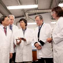 From left - INPEX Corporation CEO Takayuki Ueda, CDU Chancellor Paul Henderson, CDU researcher Dr Khanh Vin Nguyen, INPEX Australia President Director Hitoshi Okawa and acting Vice-Chancellor Professor Sue Carthew during a tour of CDU’s North Australian Oil and Gas Centre