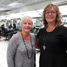 Hairdressing Team Leader Linda Manning and trainer Joanne Scott at CDU's Alice Springs salon ... proud of hairdressing team's industry accolade.