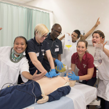 (From left) Darmi Messakh, Alix Burke, Farmo Siryon, Dev Lamichhane, Health lecturer Lisa Barton and Simone Byrne practice performing CPR to the beat of Bee Gees’ hit Stayin’ Alive ahead of Open Day on Sunday, 20 August.