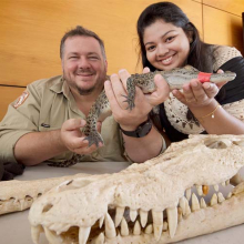 Parks and Wildlife officer Tim Porter shows Bachelor of Nursing student Gigitha Giji a baby crocodile