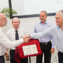 Menzies School of Health Research Director Professor Alan Cass, Charles Darwin University Vice-Chancellor Professor Simon Maddocks, Northern Territory Minister for Health John Elferink and the Honourable Malcolm Turnbull, MP, Prime Minister of Australia.